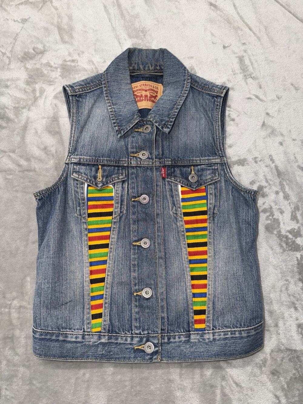 Levi's Custom Denim Vest Size Small Altered Rainbow Striped Panel
